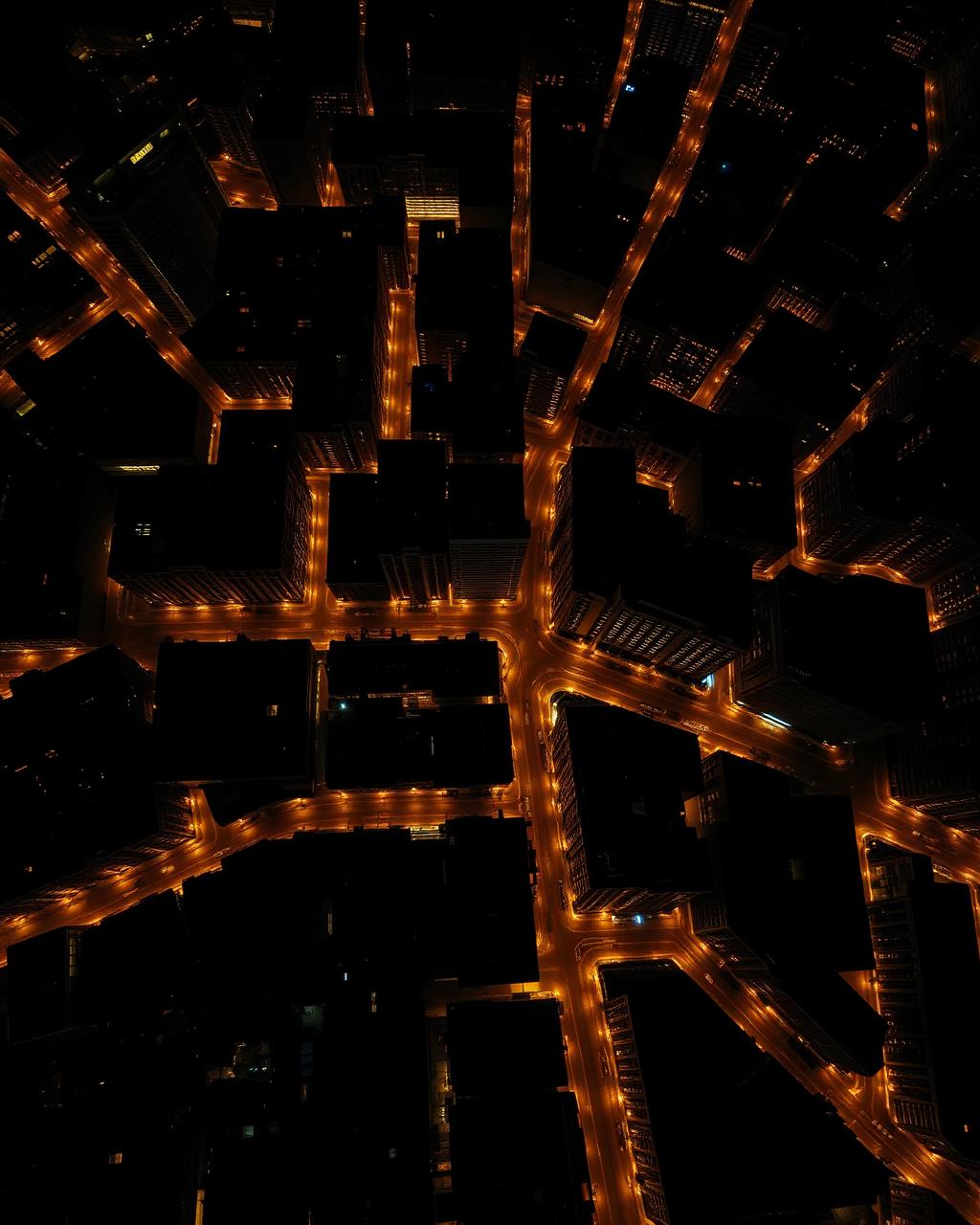 Aerial view of a city grid at night